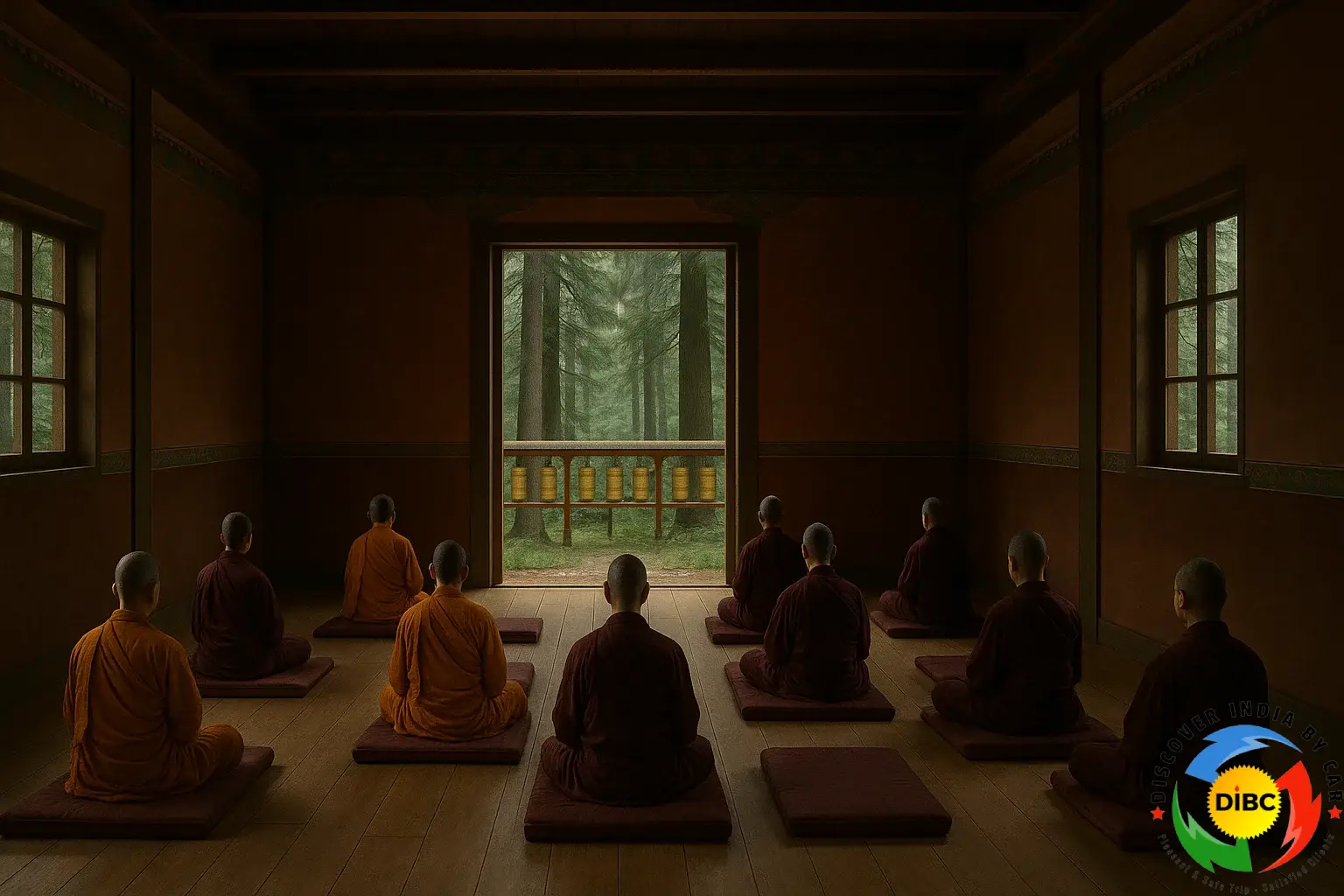 Meditation session in a Tibetan Buddhist-style hall surrounded by deodar forest near Dharamkot.
