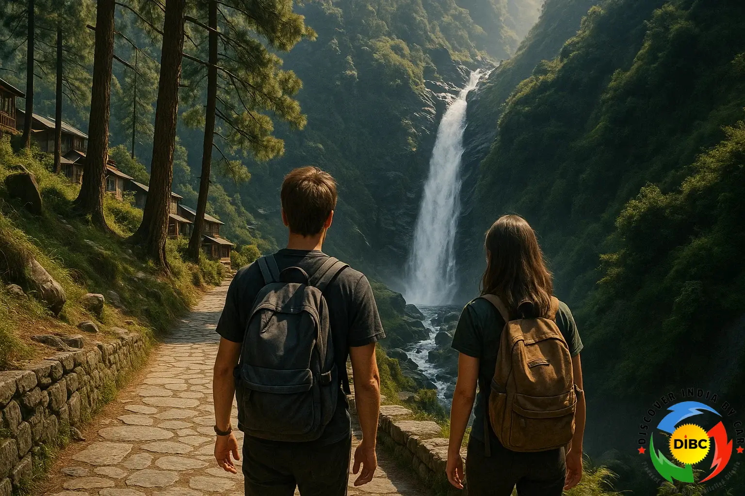 Hikers walking down the scenic stone path from Dharamkot to Bhagsu Nag waterfall, with post-monsoon stream cascading over rocks.
