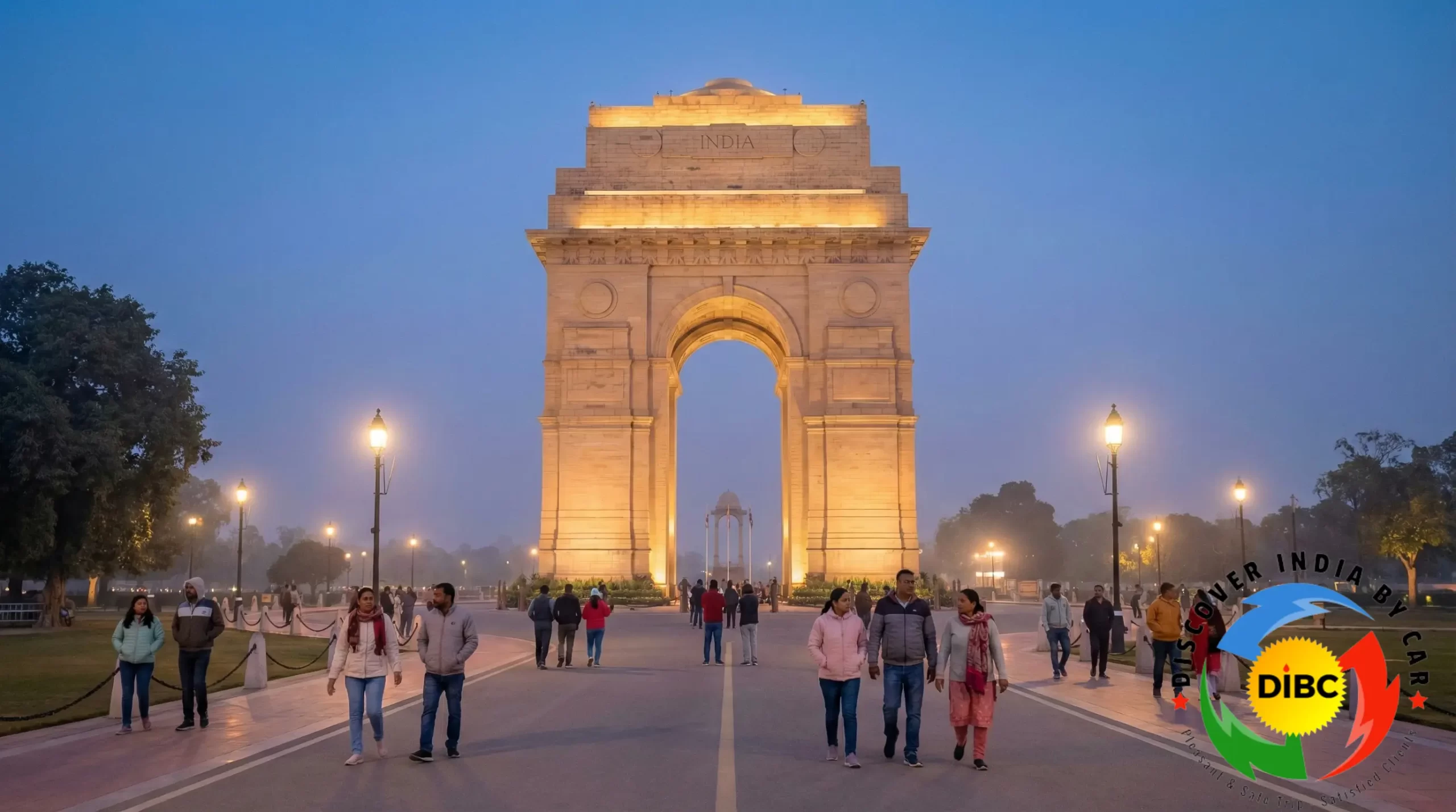 India Gate Delhi winter evening view with visitors