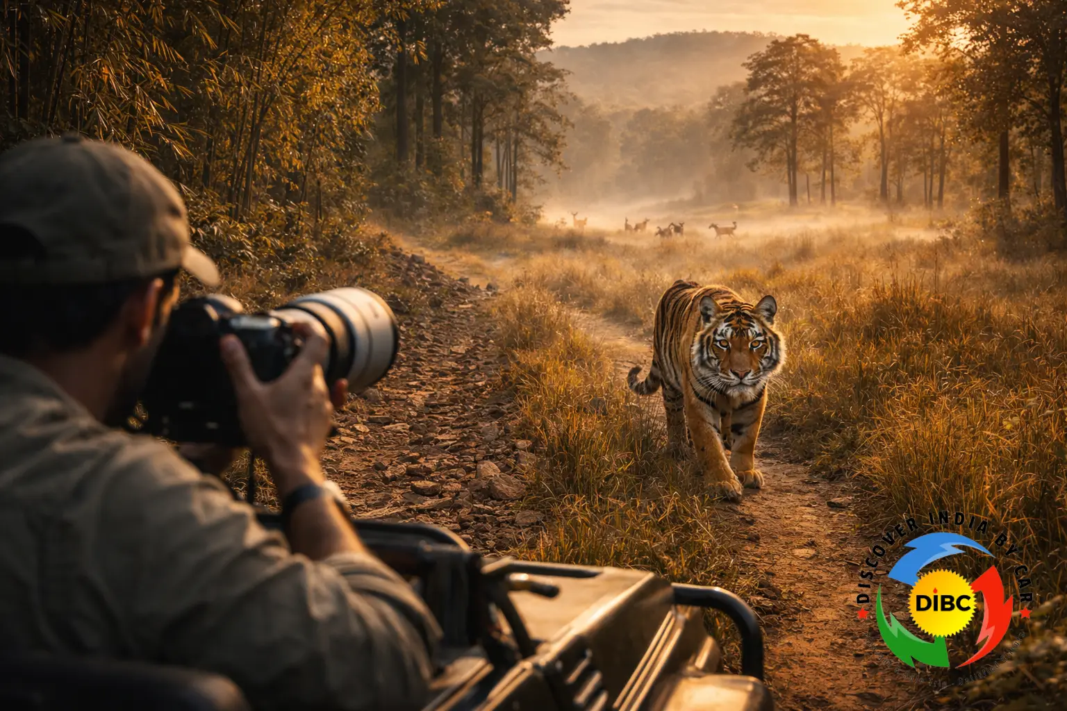 Wildlife photographer capturing Bengal tiger during safari in Bandhavgarh and Kanha National Park landscape