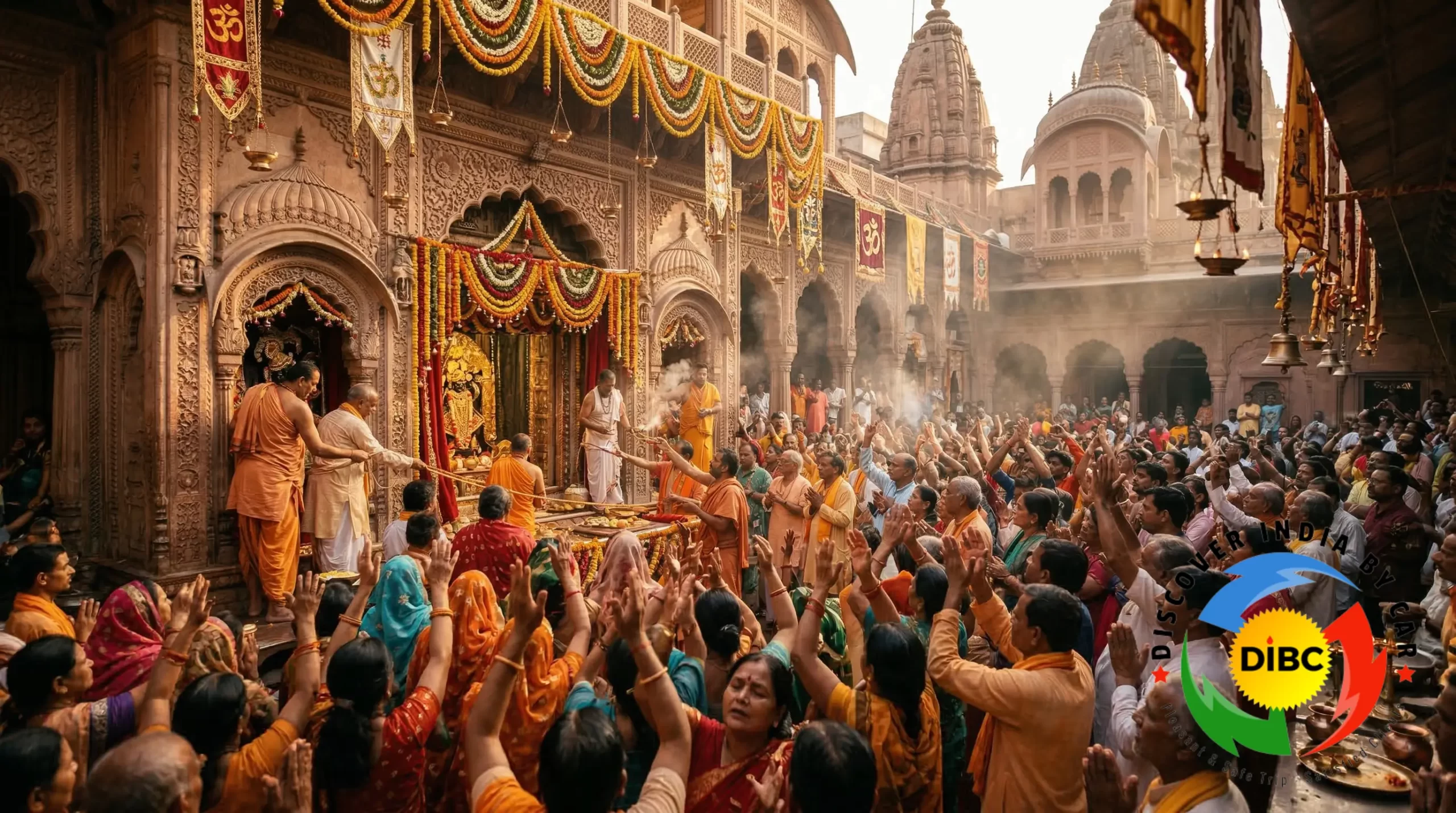 Crowd of devotees waiting for Banke Bihari Temple darshan in Vrindavan