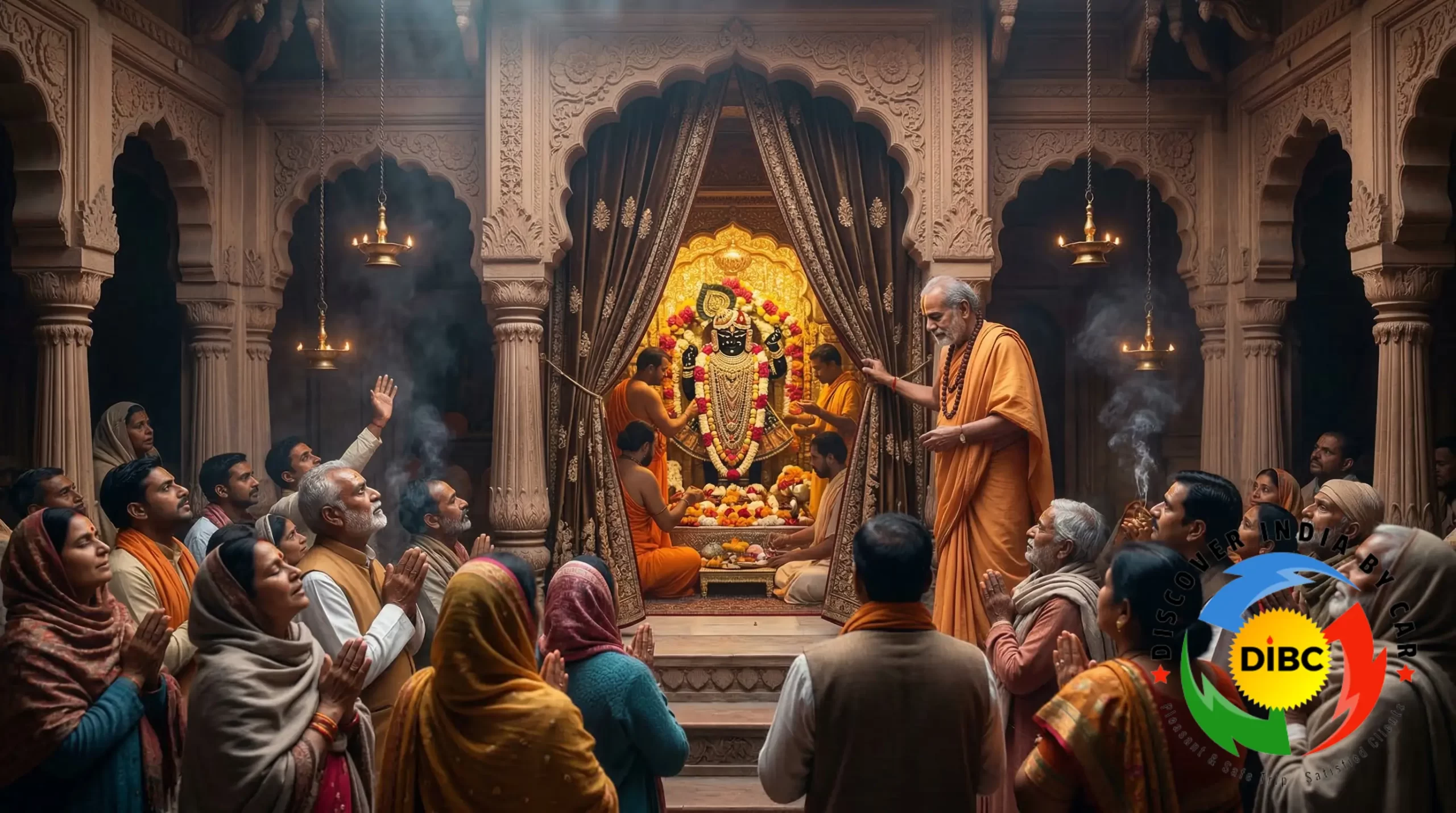 Priests opening and closing the curtain during Banke Bihari Temple darshan