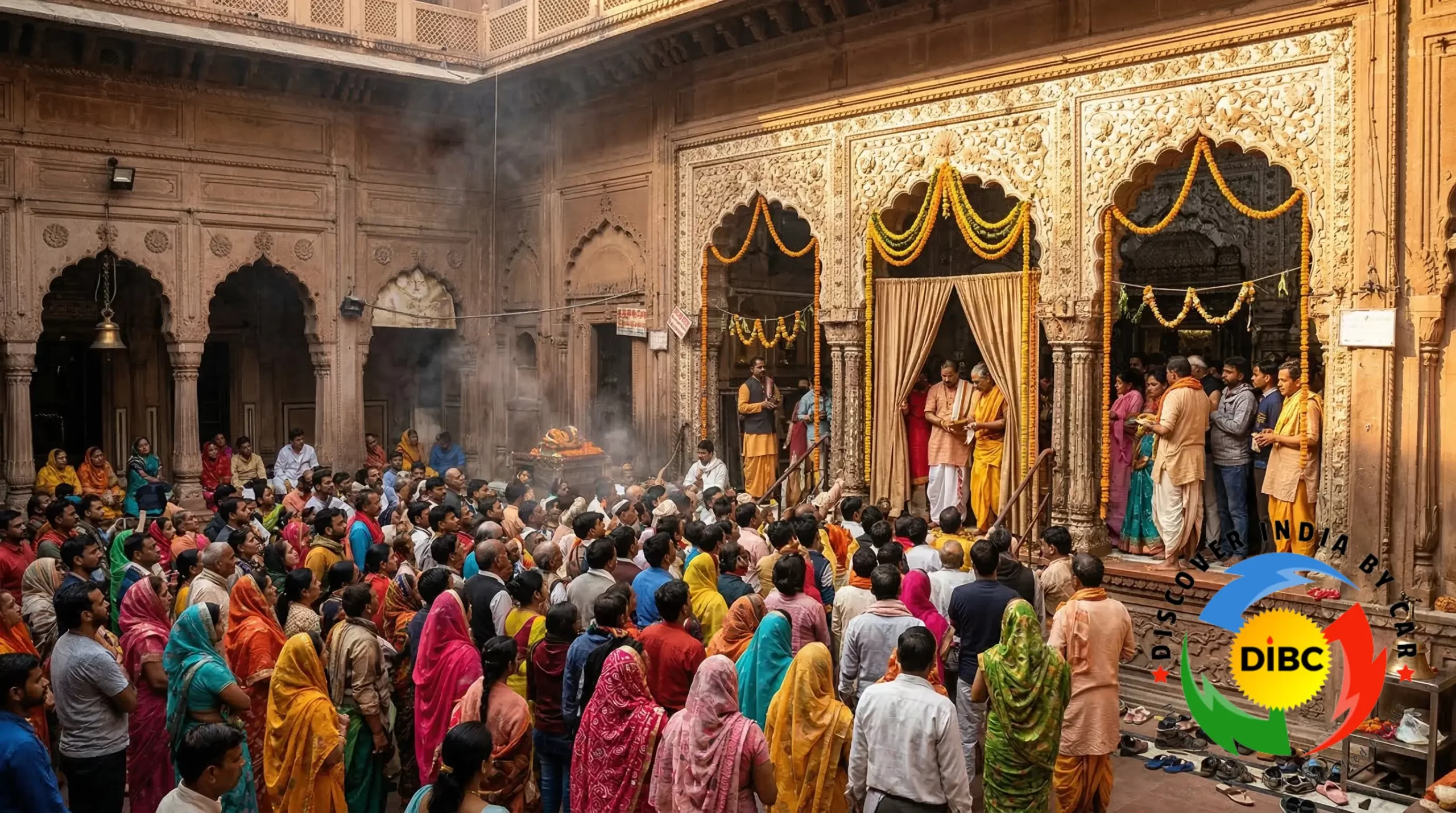 Devotees gathering for darshan at Banke Bihari Temple in Vrindavan India