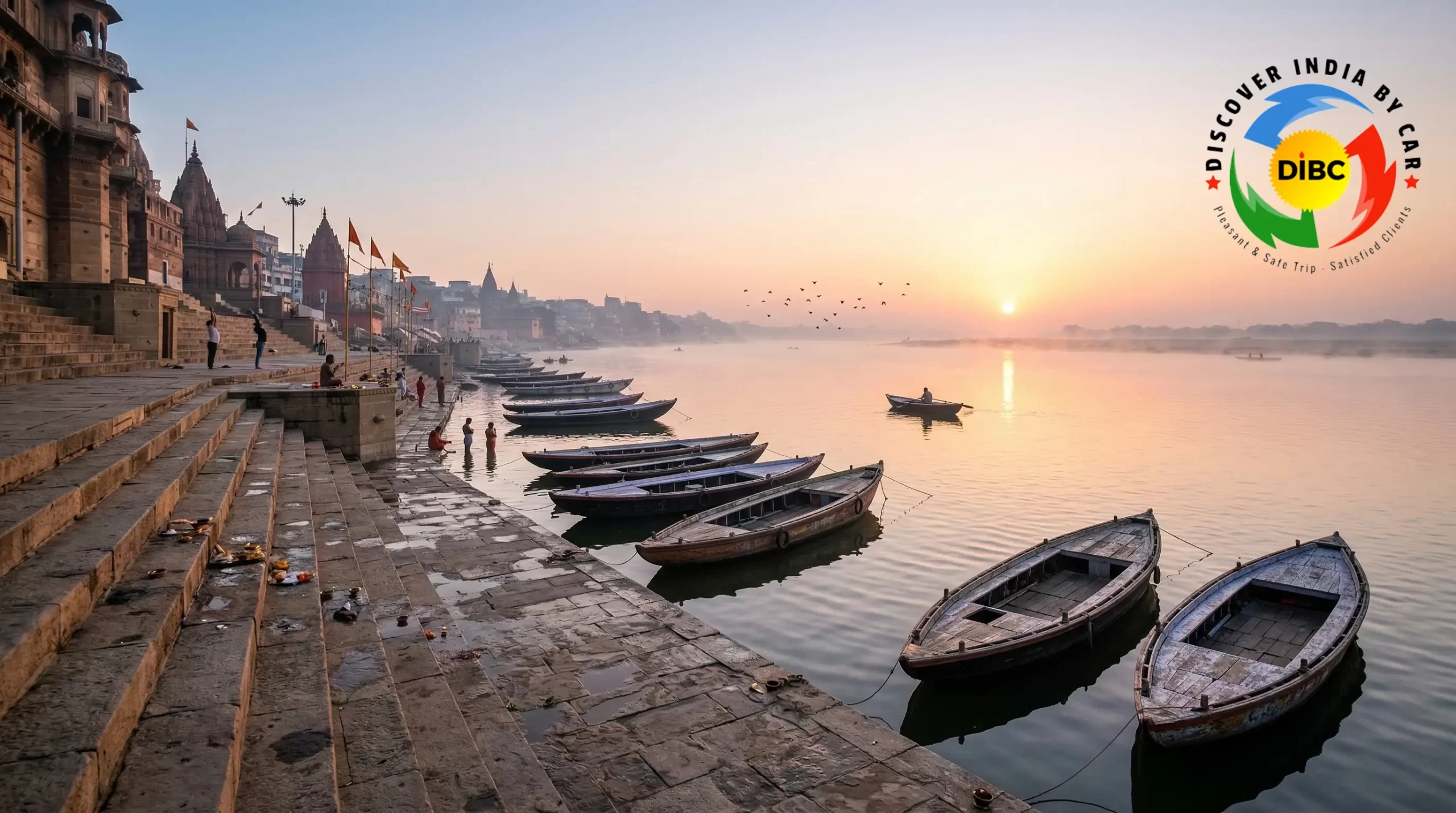 Sunrise at Assi Ghat Varanasi showing peaceful morning atmosphere and river boats