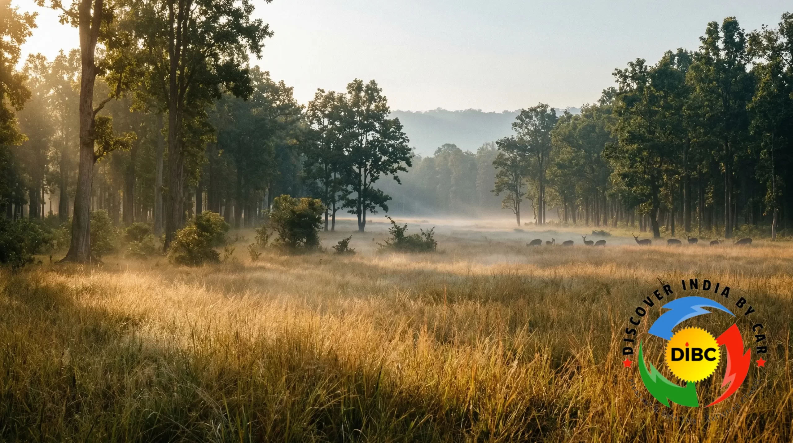 Golden grassland meadows and sal forest landscape in Kanha National Park