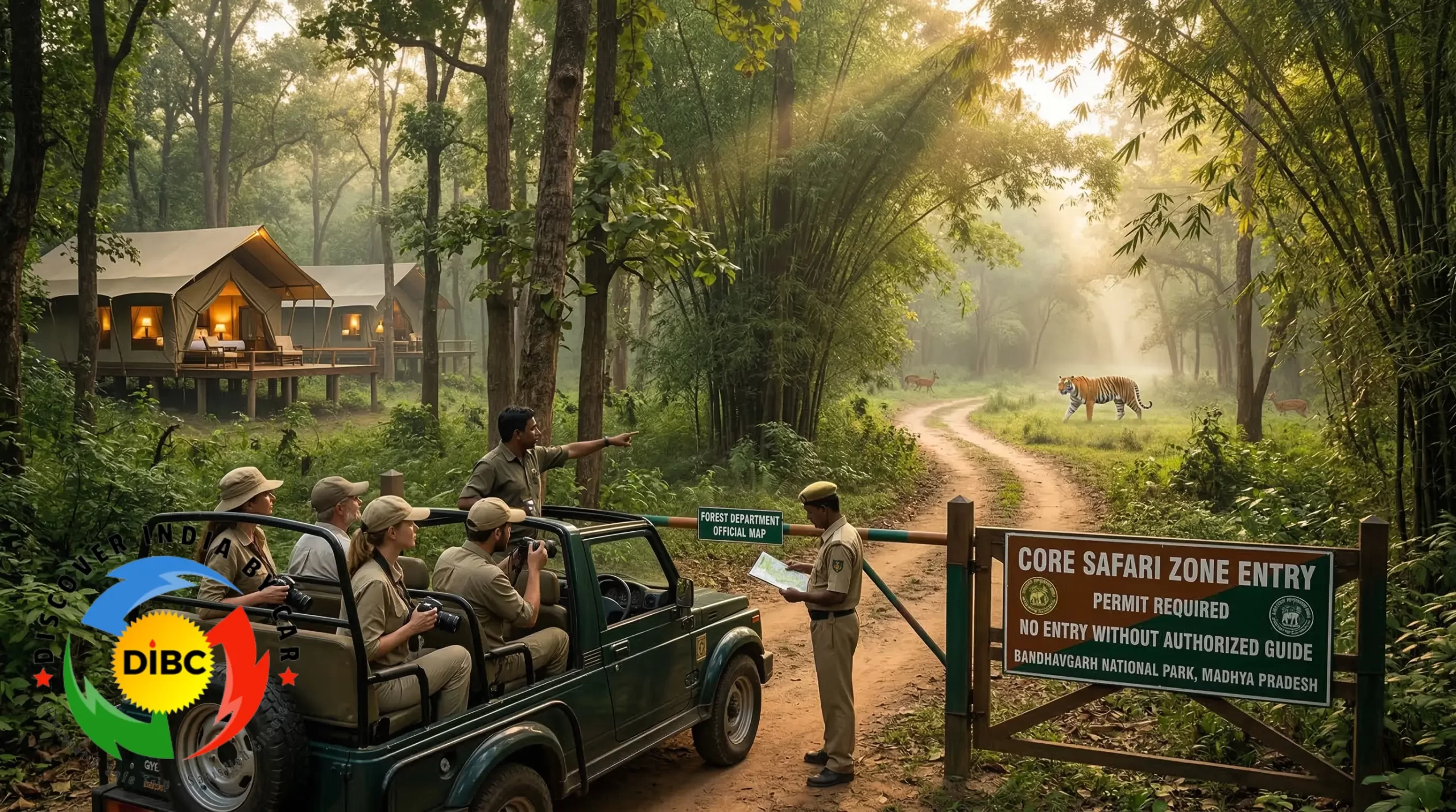 Tiger safari planning scene showing safari jeep, forest permit gate, and luxury jungle lodge in India