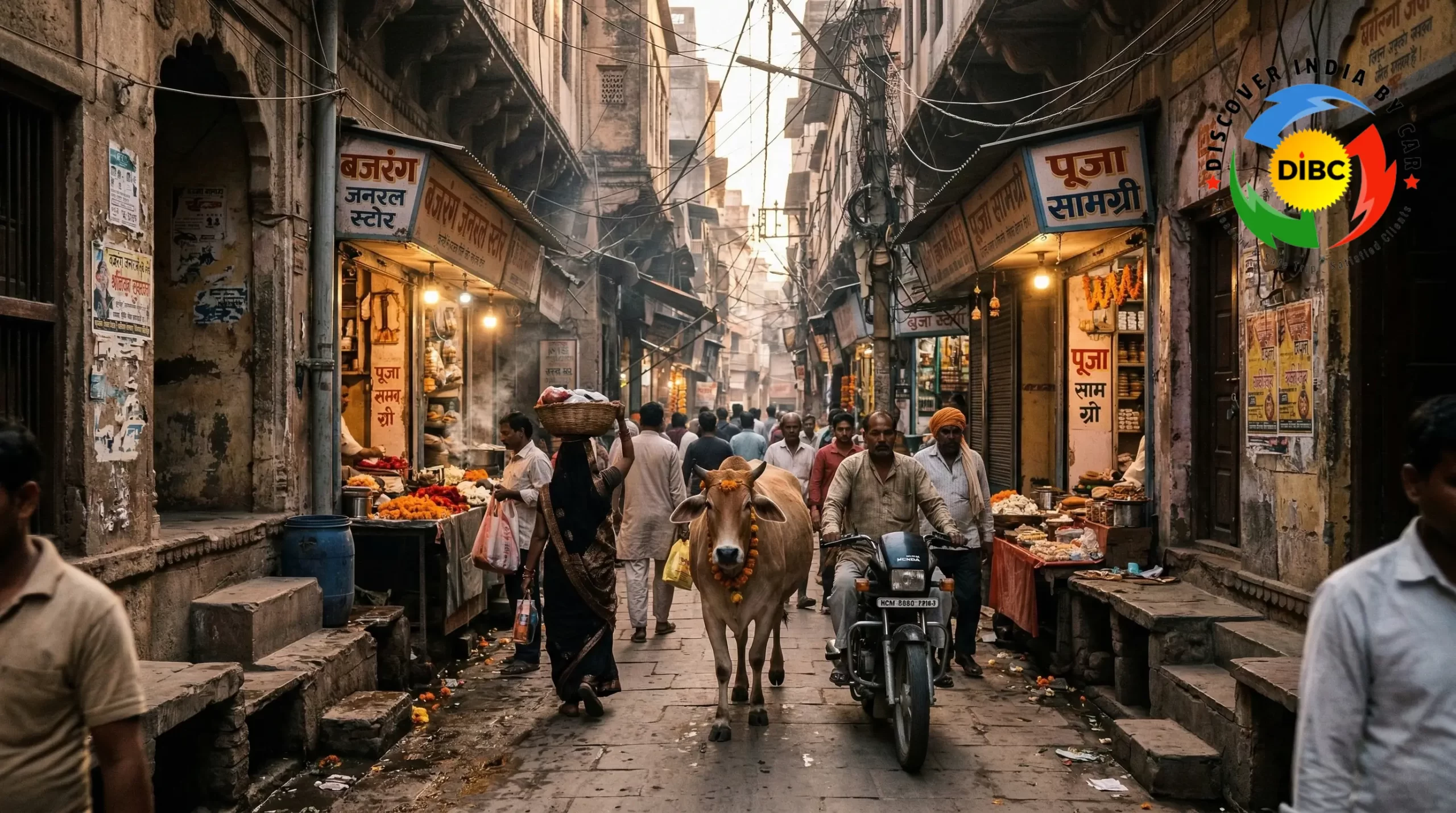 Varanasi old city narrow alley with cows and motorcycles creating chaotic atmosphere