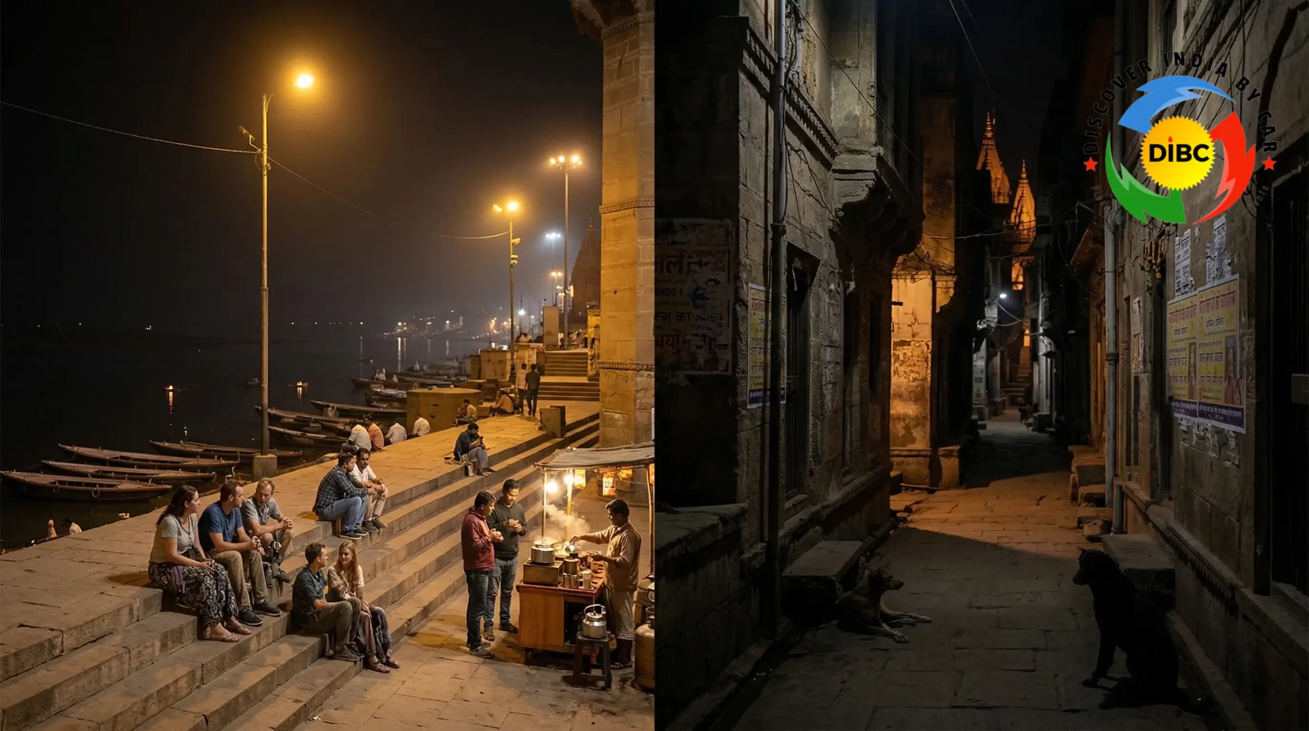 Varanasi ghats well lit at night compared to darker narrow alley