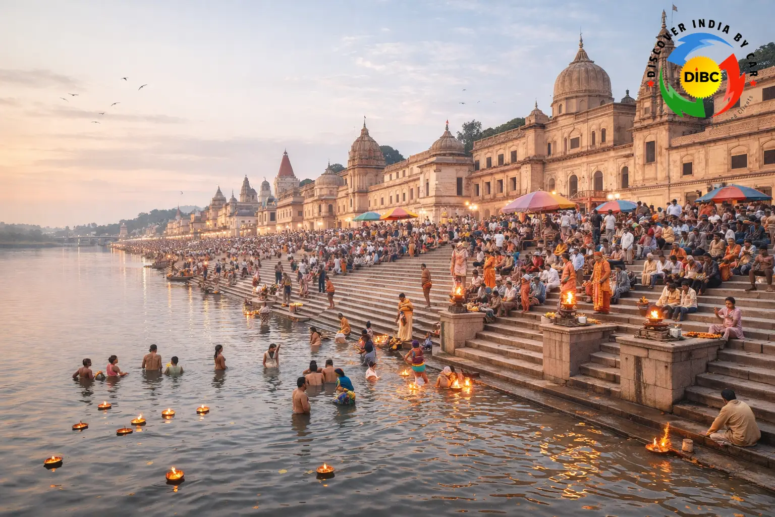Wide view of the 25 interconnected bathing ghats at Ram Ki Paidi, Ayodhya