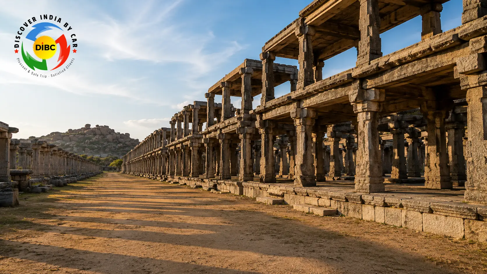 Row of ancient double-storey stone pavilions and ruins along the historic Hampi Bazaar street near Virupaksha Temple.