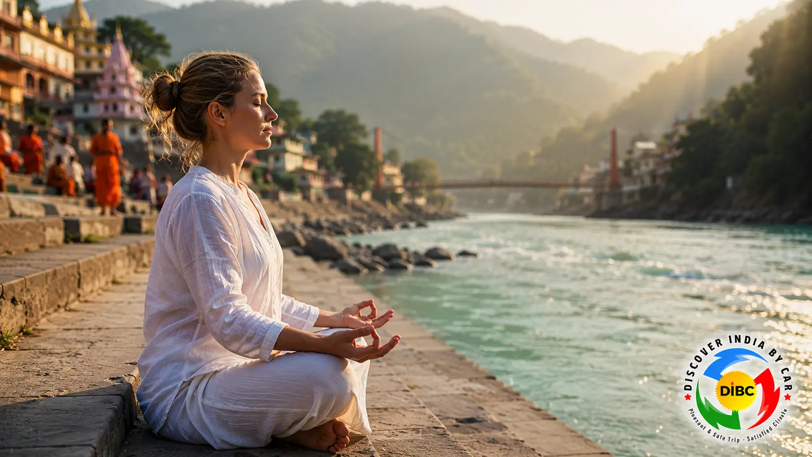 A Western female traveler meditating on the stone ghat steps overlooking the clear waters of the Ganges River during sunrise in Rishikesh, India.