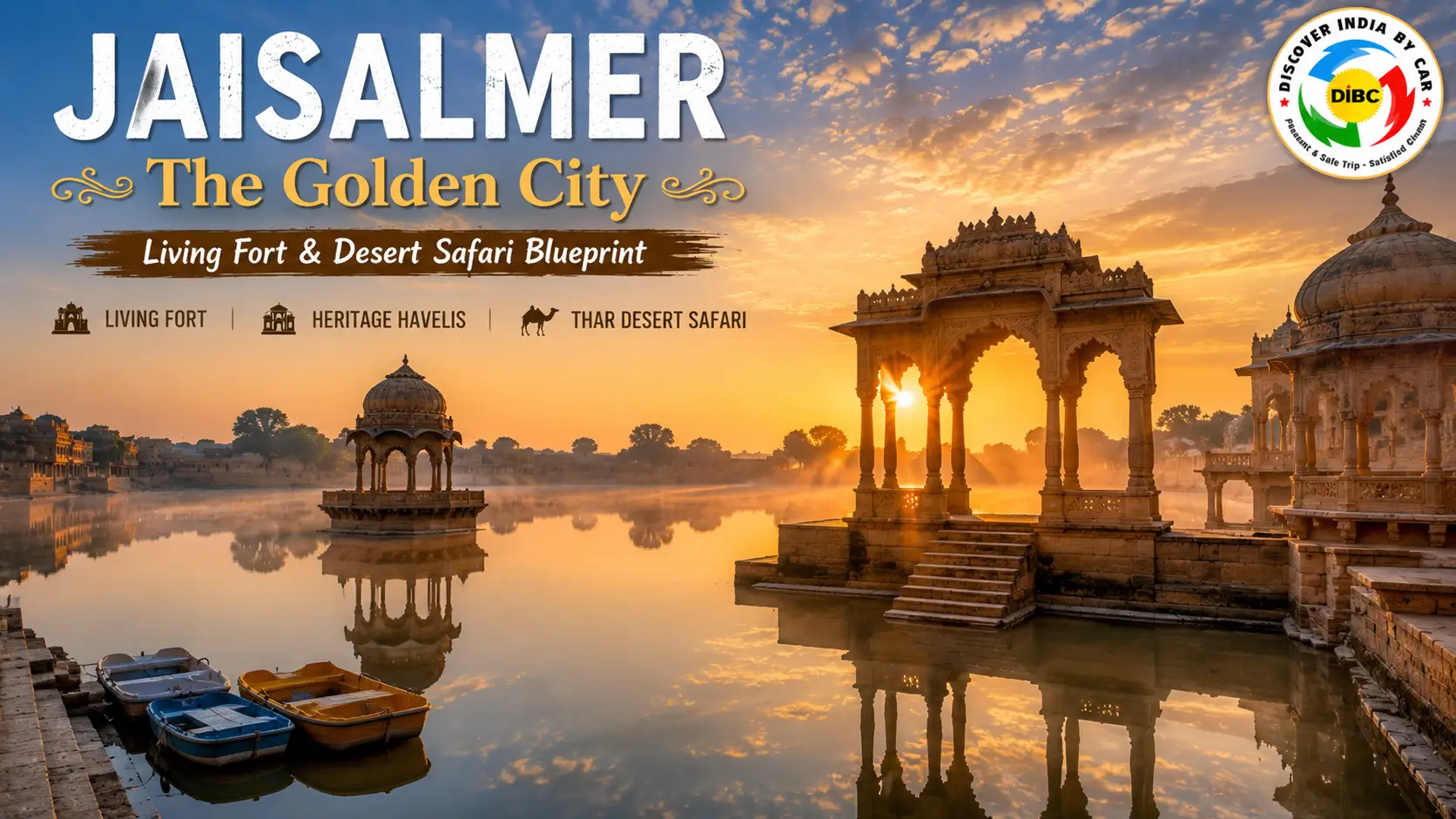 Serene morning view of Gadisar Lake in Jaisalmer with the historic Tilon Ki Pol gateway and sandstone chhatris during sunrise mist