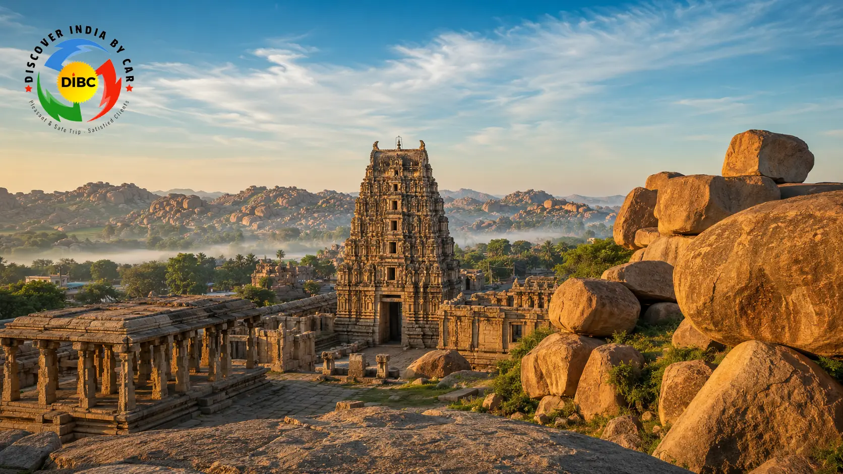 Sprawling landscape view of ancient stone monuments and temples in Hampi surrounded by signature giant granite boulders under a soft morning sky.