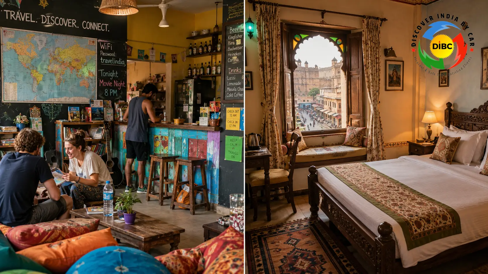 Comparison of a clean backpacker hostel dorm and a mid-range heritage hotel room in India.