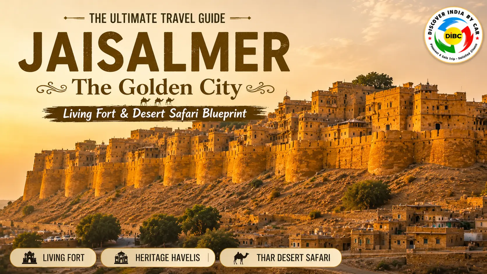 Panoramic wide angle shot of Jaisalmer Fort standing on Trikuta hill during sunset showcasing the yellow sandstone glowing honey-ochre color