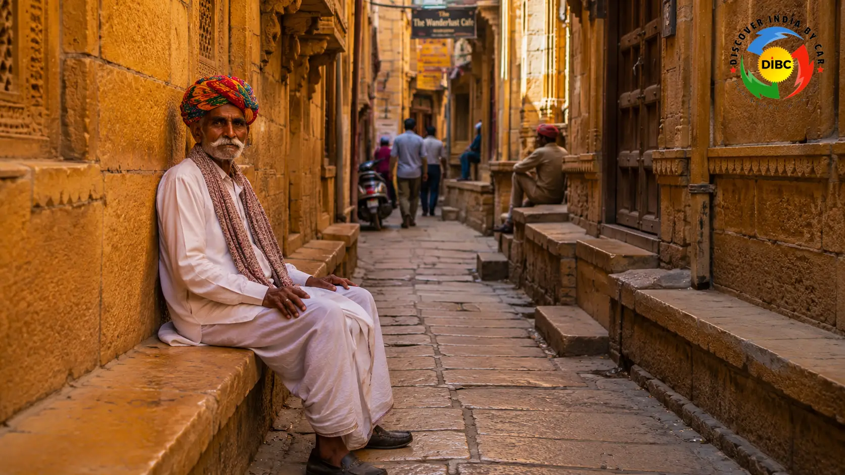 Narrow cobblestone alley inside the living Jaisalmer Fort with local residents, historic golden sandstone walls, and a musician holding a string instrument
