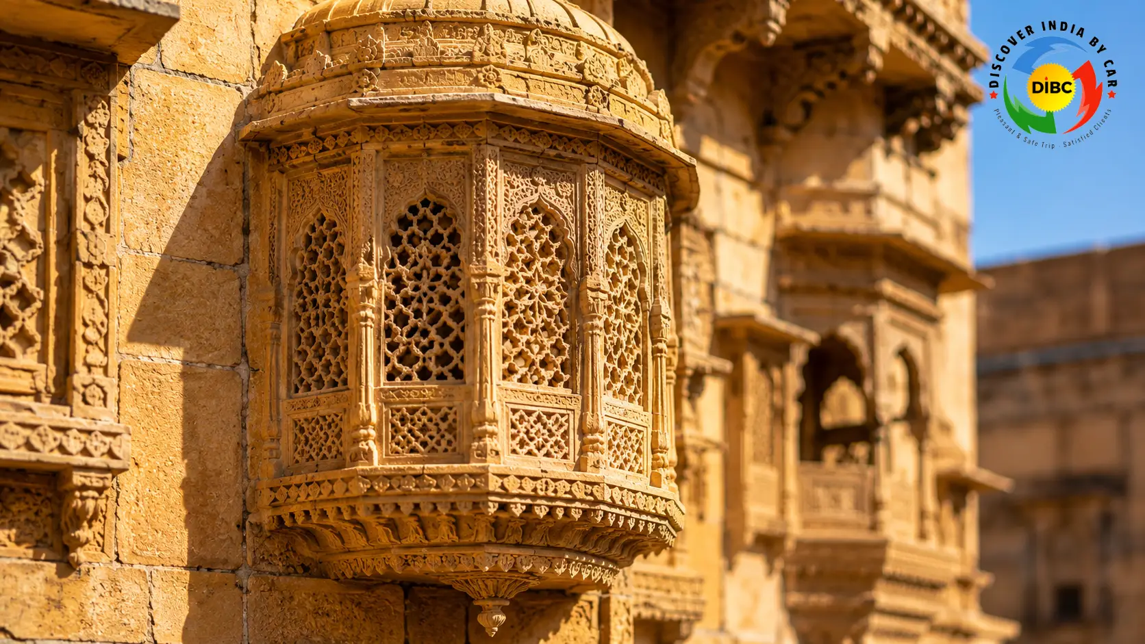 Close up architectural shot of hand-carved yellow Jurassic-era sandstone balcony in Jaisalmer showcasing geometric lattice work