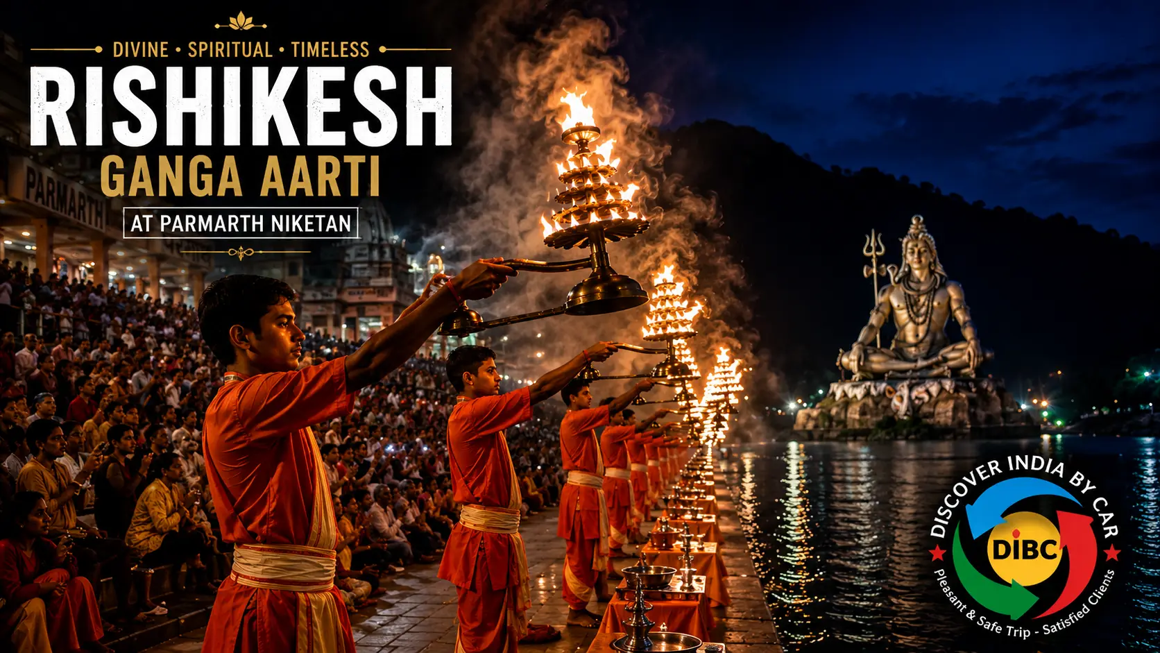 Vedic pandits in saffron robes performing the evening Ganga Aarti ceremony with glowing brass lamps at the Parmarth Niketan Ashram ghat.