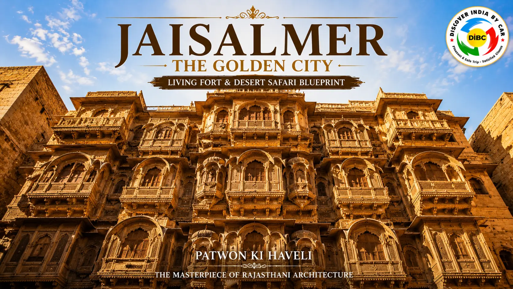 The grand symmetrical facade of Patwon Ki Haveli in Jaisalmer featuring multiple carved stone jharokhas and balconies