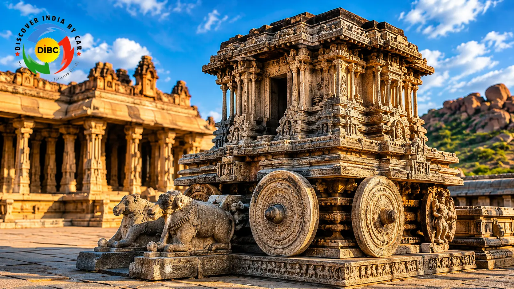 Detailed front-facing view of the iconic monolithic granite Stone Chariot structure located inside the Vittala Temple complex in Hampi.