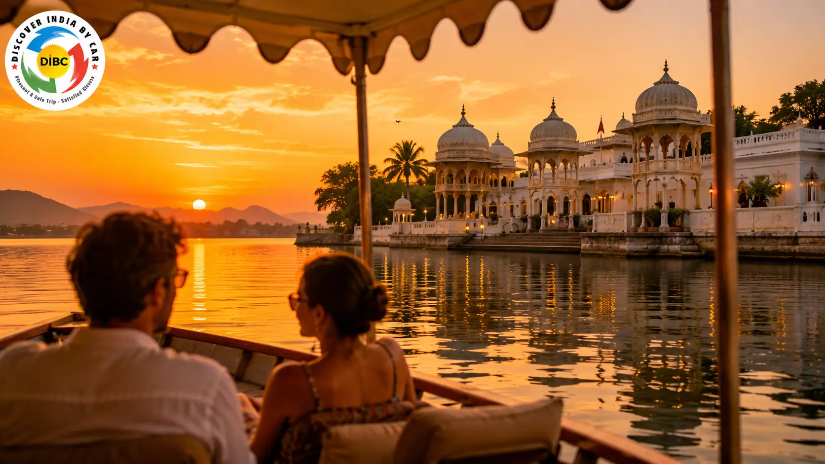 Foreign tourists on a private sunset boat cruise near Jag Mandir island palace on Lake Pichola