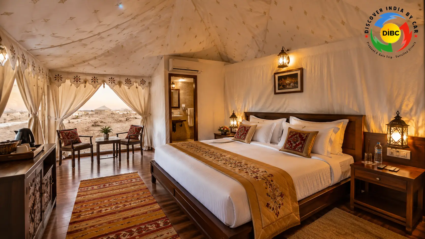 Interior view of a premium luxury AC Swiss tent at a desert camp in Jaisalmer with traditional decor.