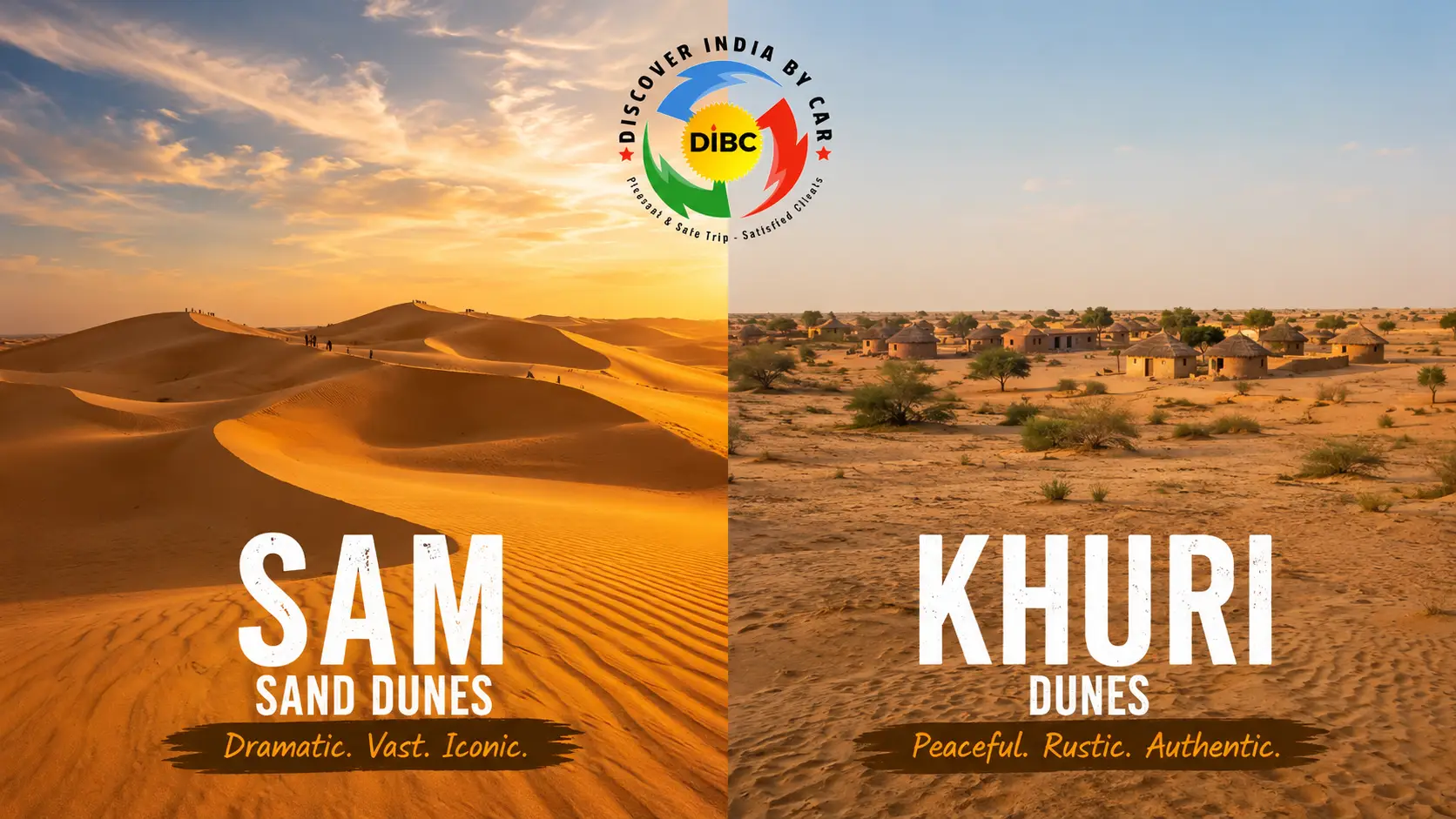 Side-by-side comparison visual of the large, dramatic Sam Sand Dunes and the quiet, rustic Khuri village dunes in Jaisalmer.
